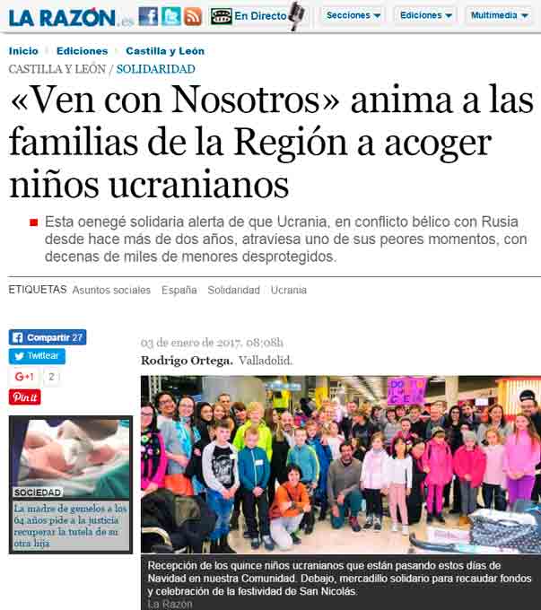 Noticia de "La Razón" de 1 de Enero de 2017. Titutar: "Ven con Nosotros" anima a las familias de la Región a acoger a niños ucranianos