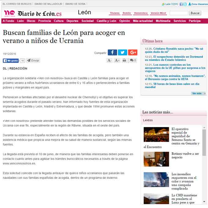 Noticia de Diario de León del 19 de diciembre de 2016. Titular: Buscan familias de León para acoger en verano a niños de Ucrania.