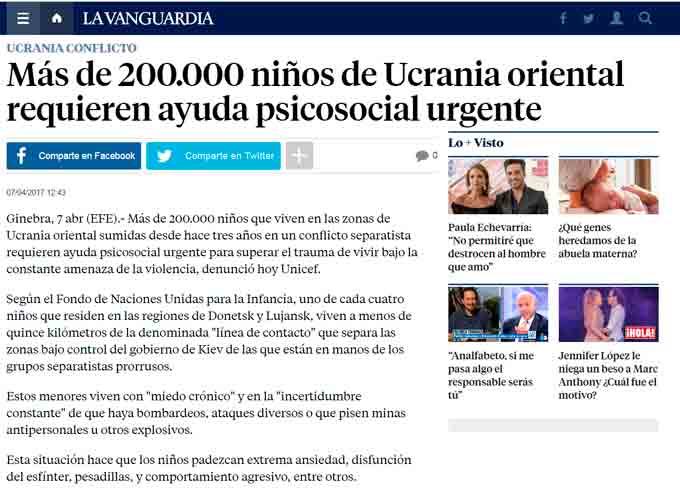 Noticia de "La Vanguardia" de 7 de abril de 2017. Más de 200.000 niños de Ucrania oriental requieren ayuda psicosocial urgente