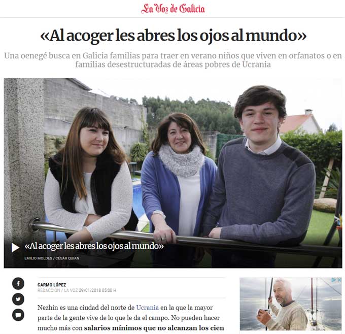 "Acoger les abre los ojos al mundo". La Voz de Galicia, 29 de enero de 2018