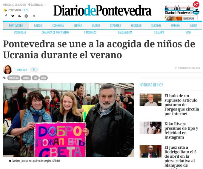 Diario de Pontevedra, 27-2-2018. Pontevedra se une a la acogidad de niños de Ucrania durante el verano