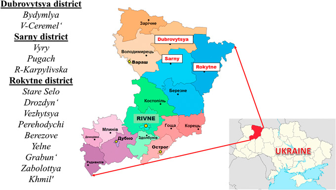 Mapa de la región de Rivne con la lista de los pueblos estudiados en los distritos de Dubrovytsya, Sarny y Rokytne.